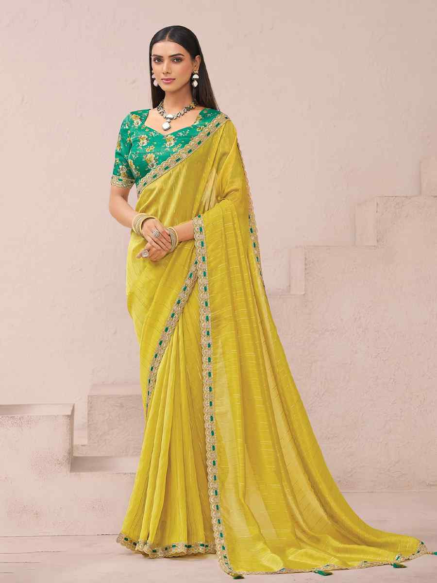 Yellow Fancy Silk Plain Party Bridal Reception Festival Wedding Fancy Heavy Border Saree