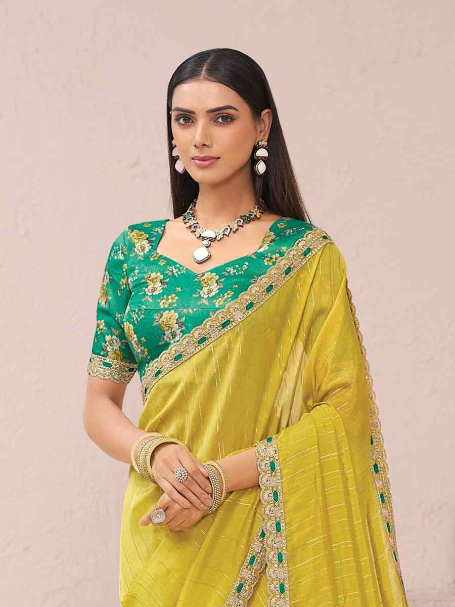 Yellow Fancy Silk Plain Party Bridal Reception Festival Wedding Fancy Heavy Border Saree