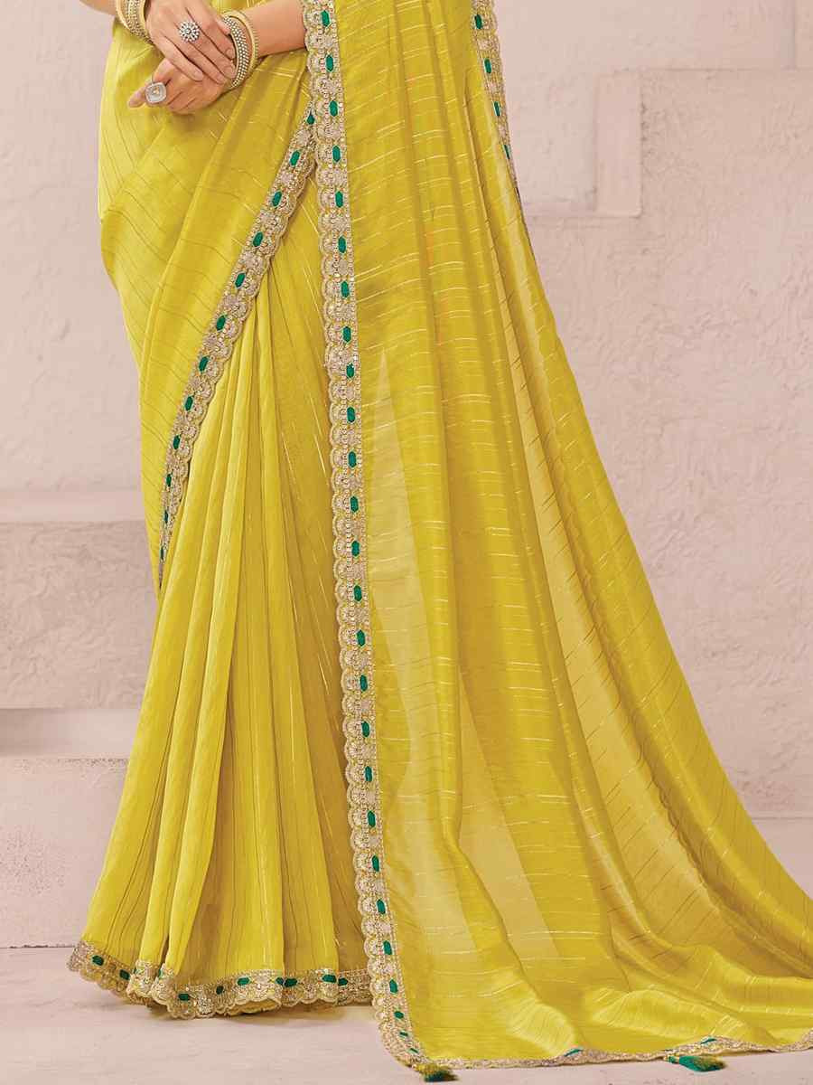 Yellow Fancy Silk Plain Party Bridal Reception Festival Wedding Fancy Heavy Border Saree