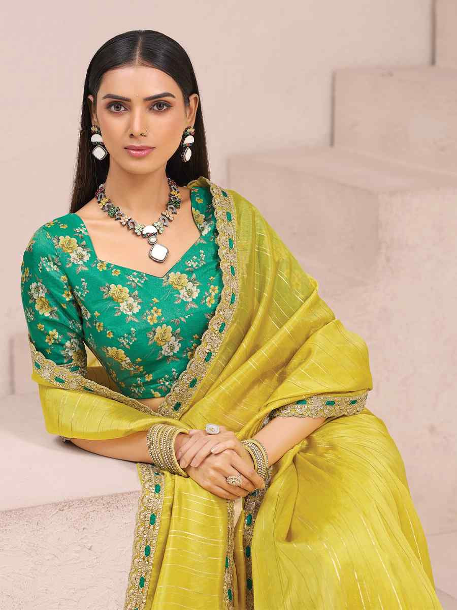 Yellow Fancy Silk Plain Party Bridal Reception Festival Wedding Fancy Heavy Border Saree