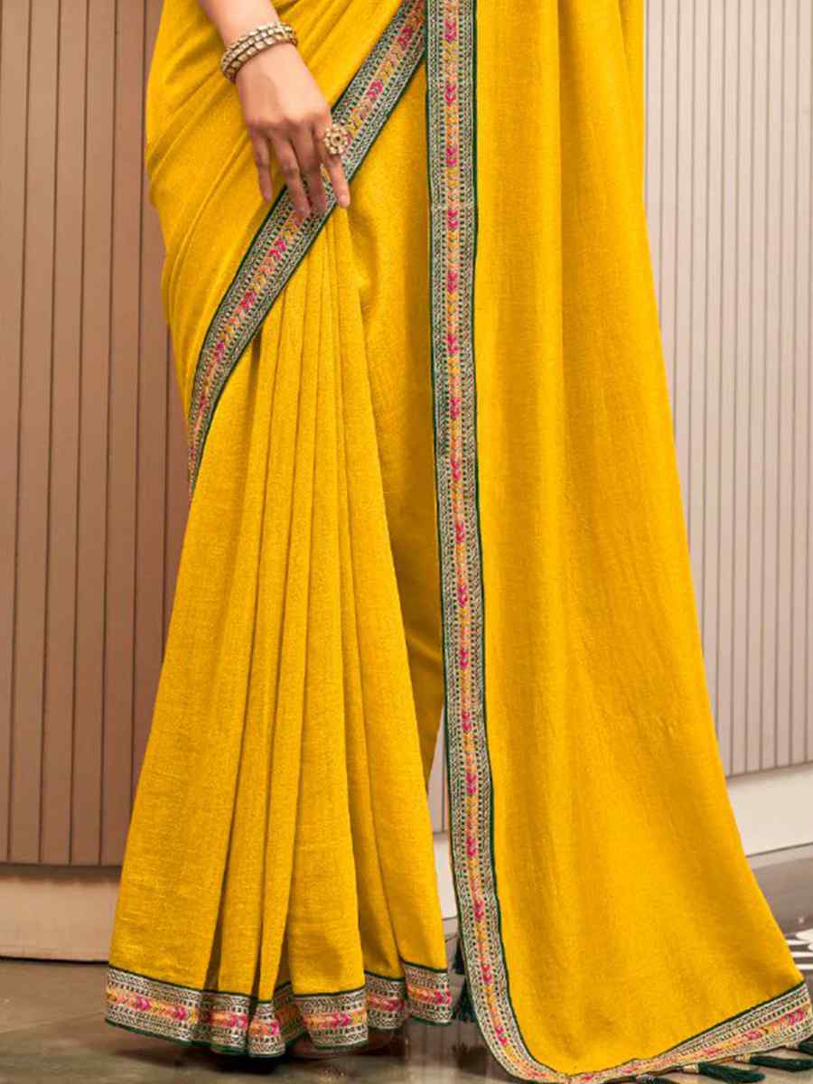 Yellow Fancy Vichitra Handwoven Wedding Festival Heavy Border Saree
