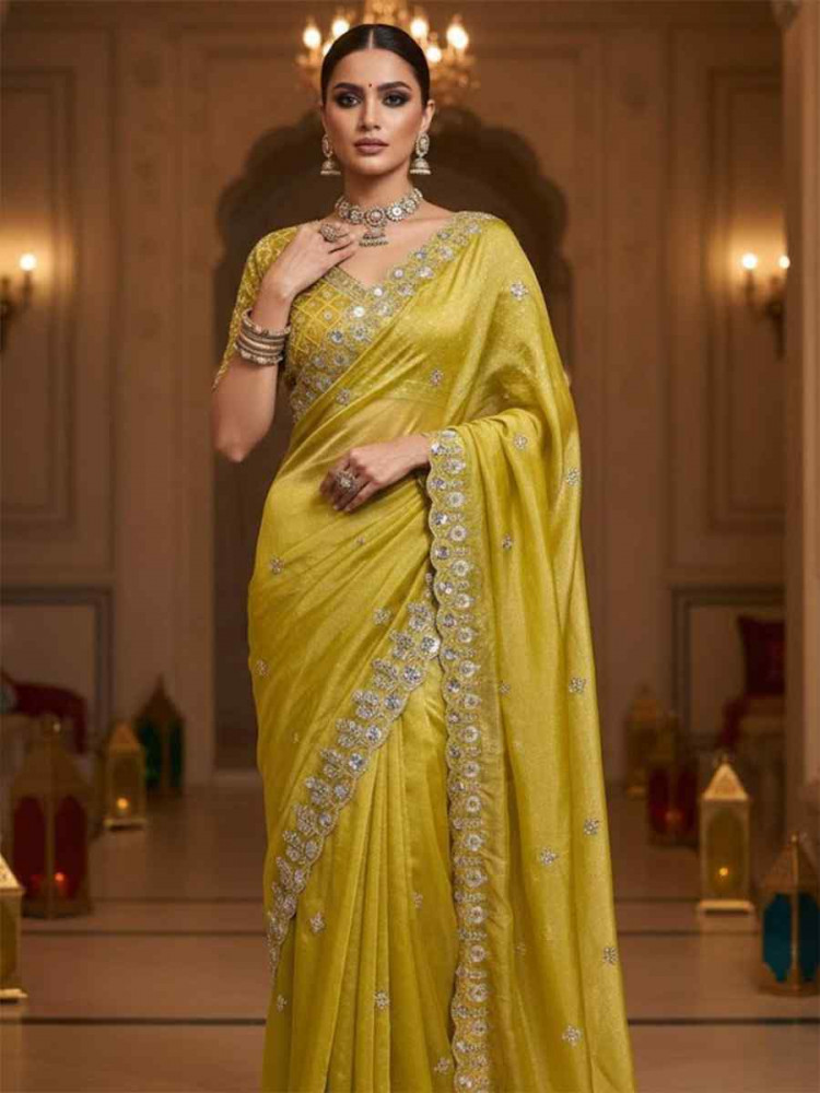 Image of Yellow Fandy Satin Silk Zari Sequins Embroidery Reception Festival Wedding Party Fancy Heavy Border Sarees