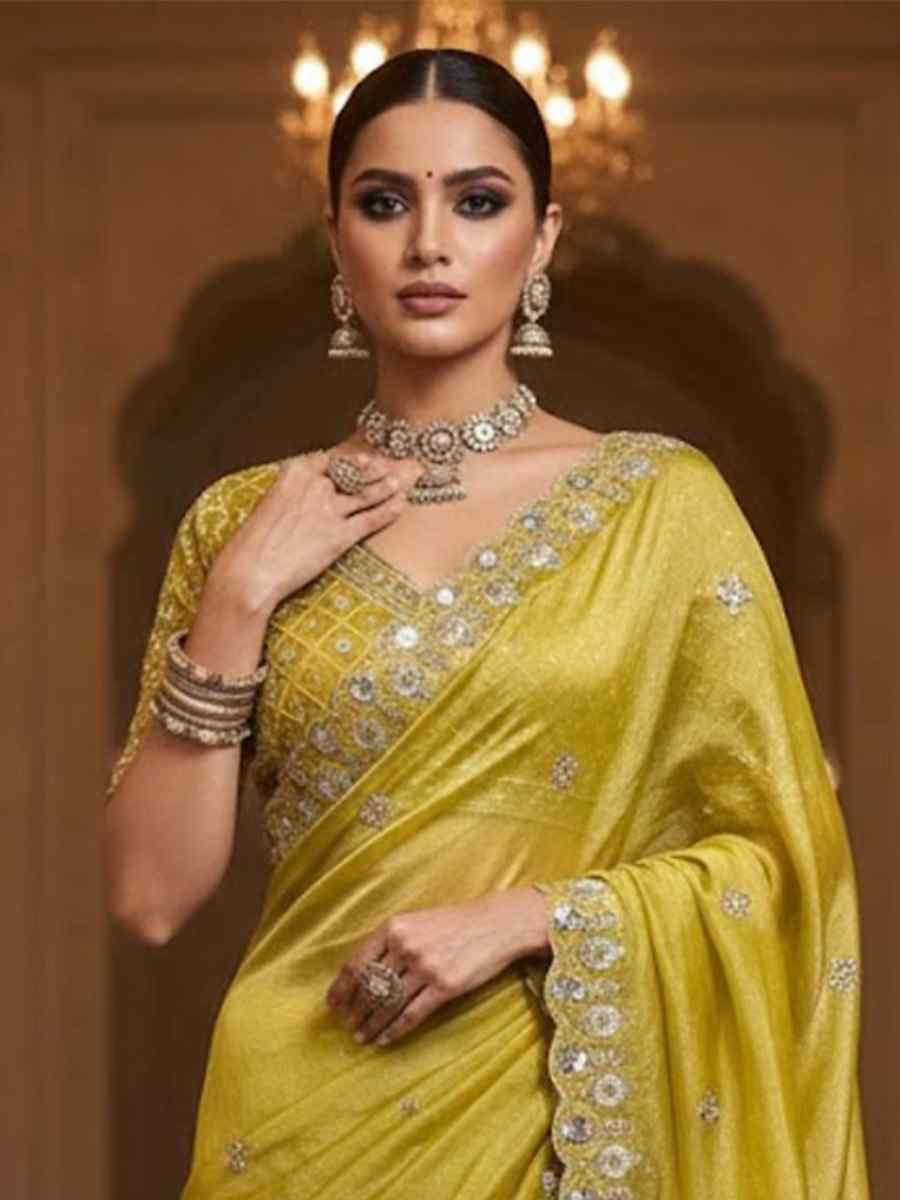 Yellow Fandy Satin Silk Zari Sequins Embroidery Reception Festival Wedding Party Fancy Heavy Border Sarees