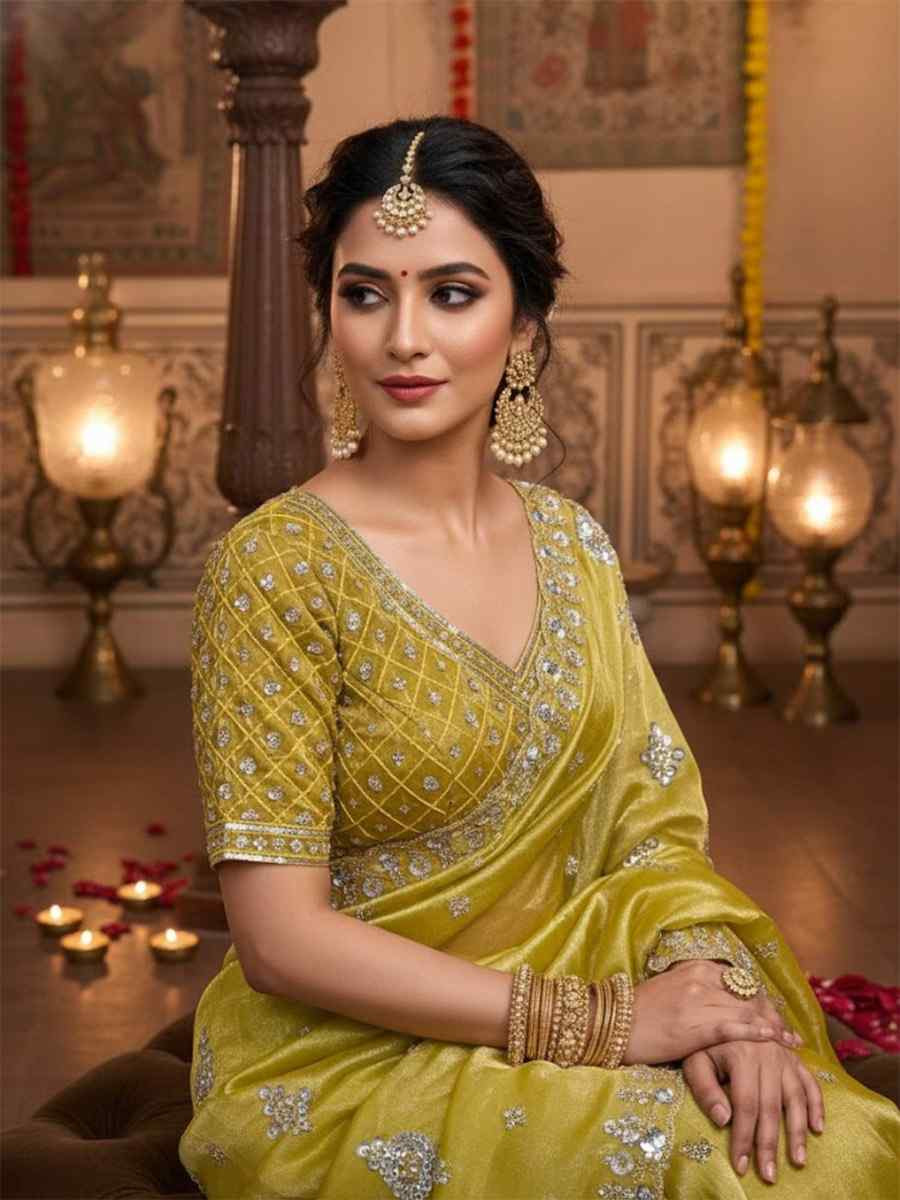 Yellow Fandy Satin Silk Zari Sequins Embroidery Reception Festival Wedding Party Fancy Heavy Border Sarees