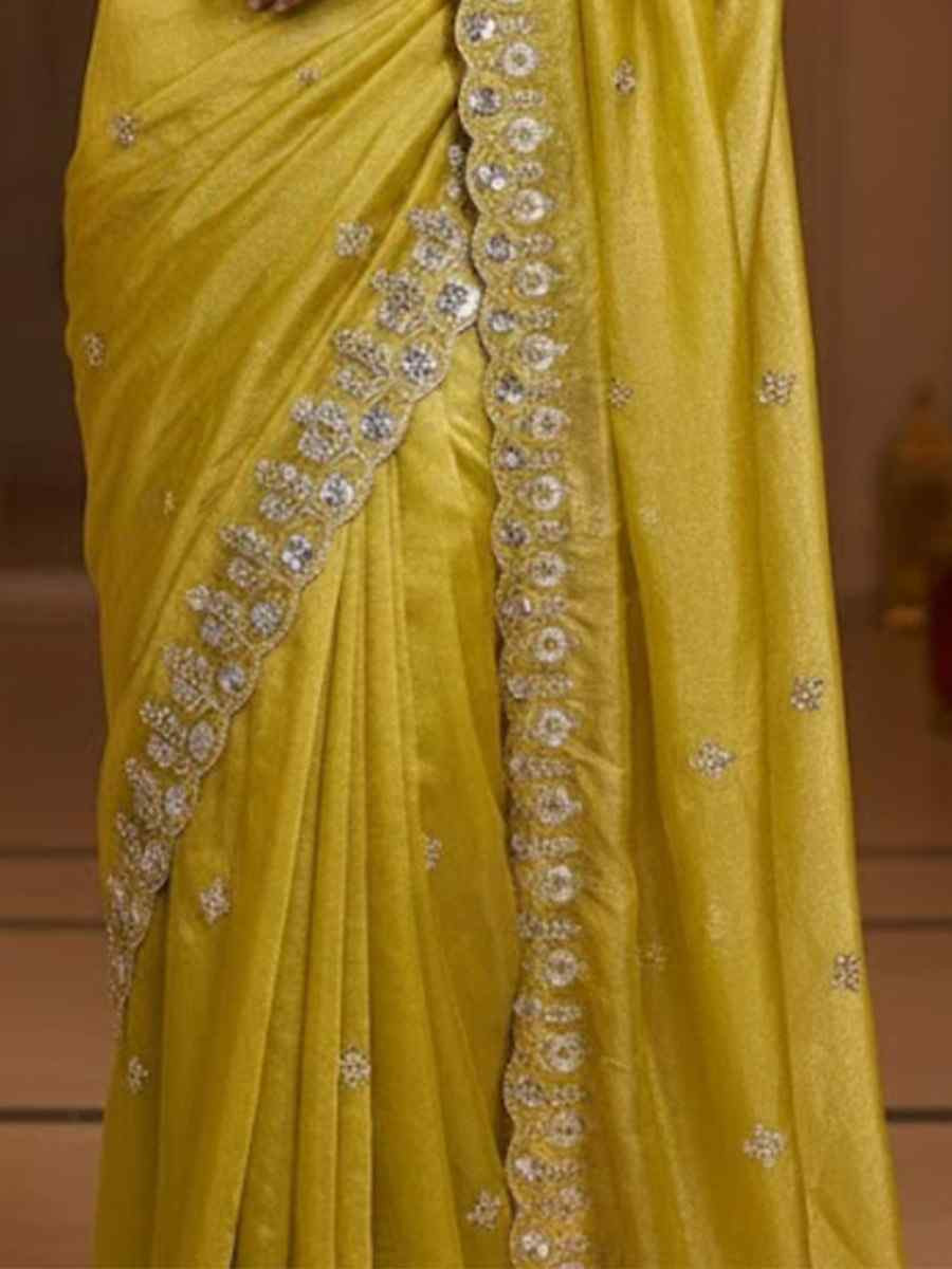 Yellow Fandy Satin Silk Zari Sequins Embroidery Reception Festival Wedding Party Fancy Heavy Border Sarees