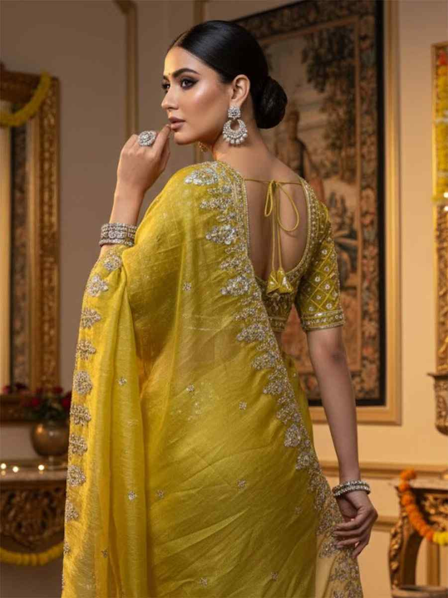 Yellow Fandy Satin Silk Zari Sequins Embroidery Reception Festival Wedding Party Fancy Heavy Border Sarees