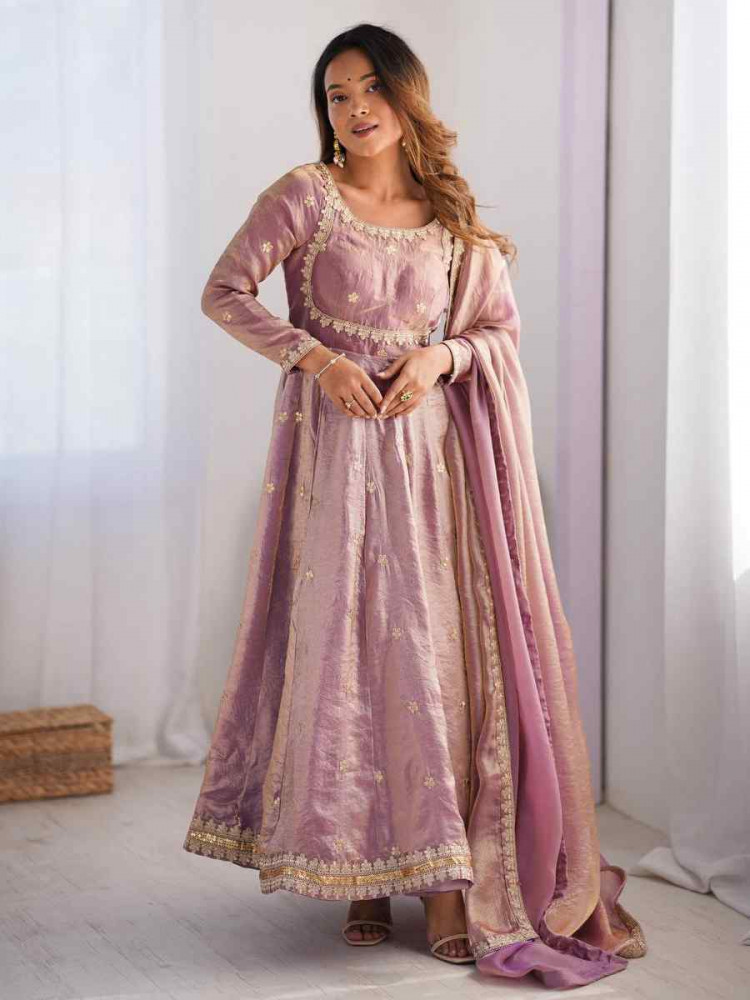 Image of Yellow Fandy Silk Embroidery Party Wedding Festival Casual Ready Anarkali Pant Salwar Kameez