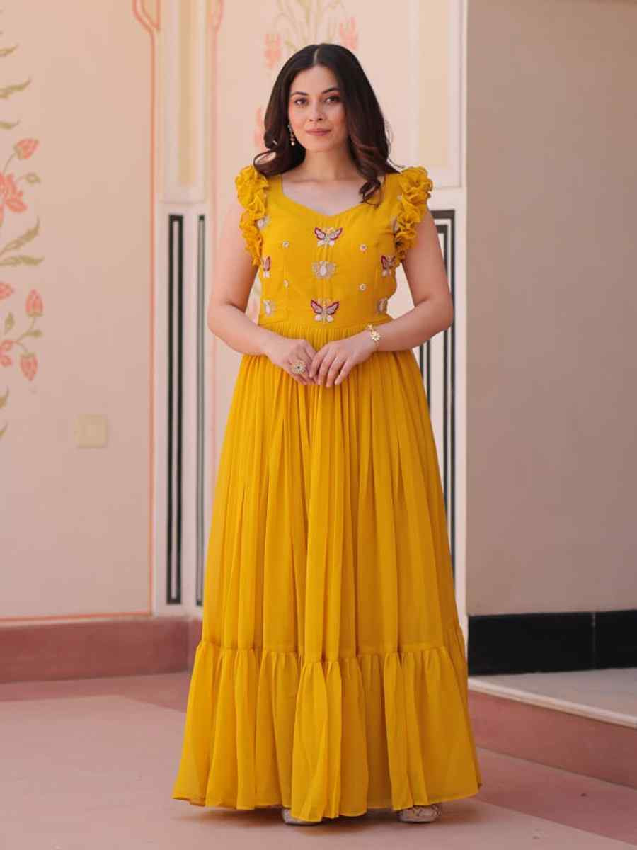 Yellow Faux Blooming Embroidered Festival Party Gown