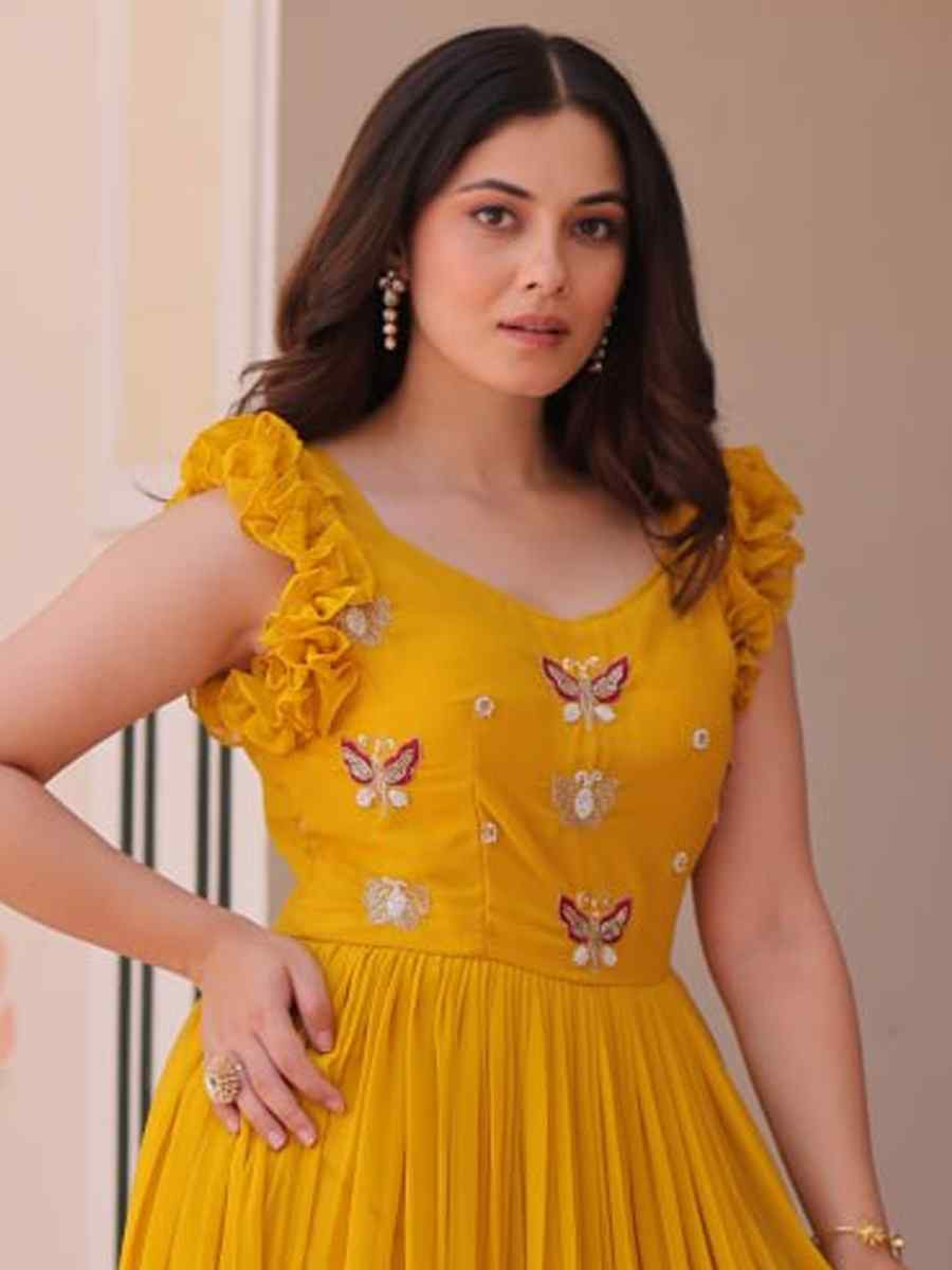 Yellow Faux Blooming Embroidered Festival Party Gown