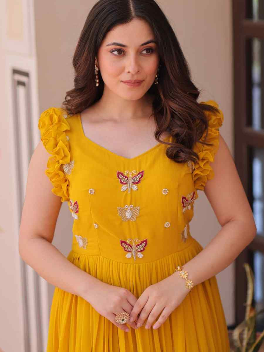 Yellow Faux Blooming Embroidered Festival Party Gown