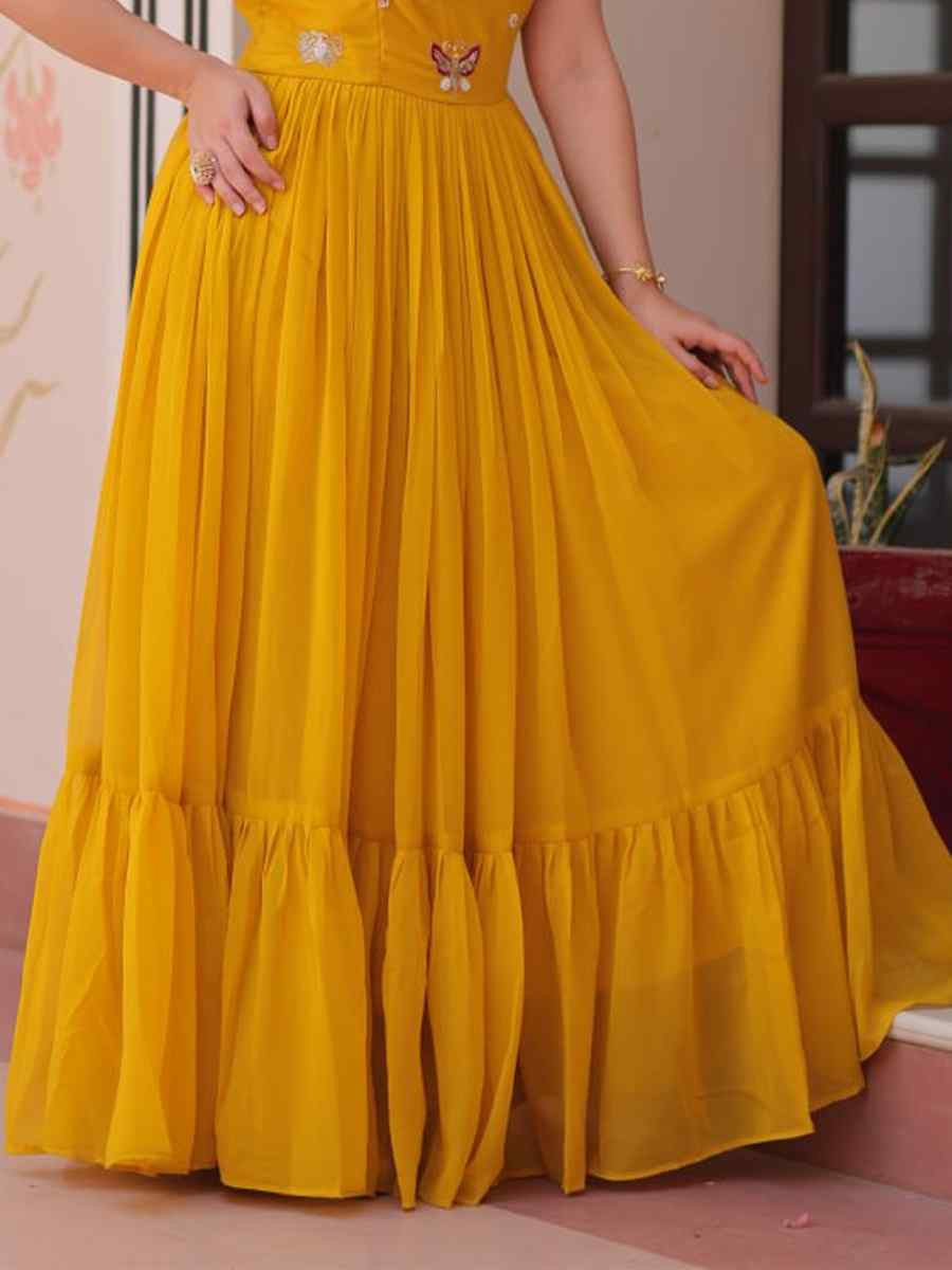 Yellow Faux Blooming Embroidered Festival Party Gown