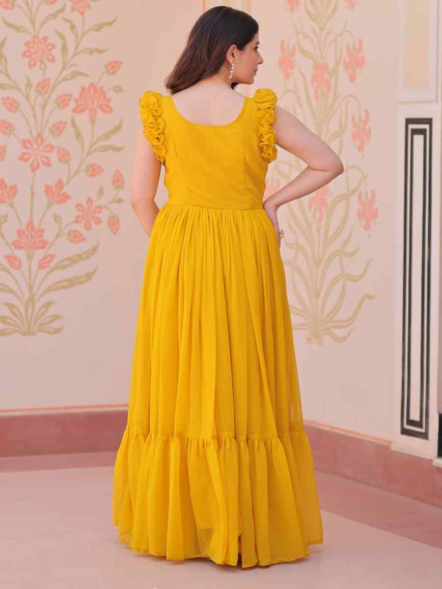 Yellow Faux Blooming Embroidered Festival Party Gown