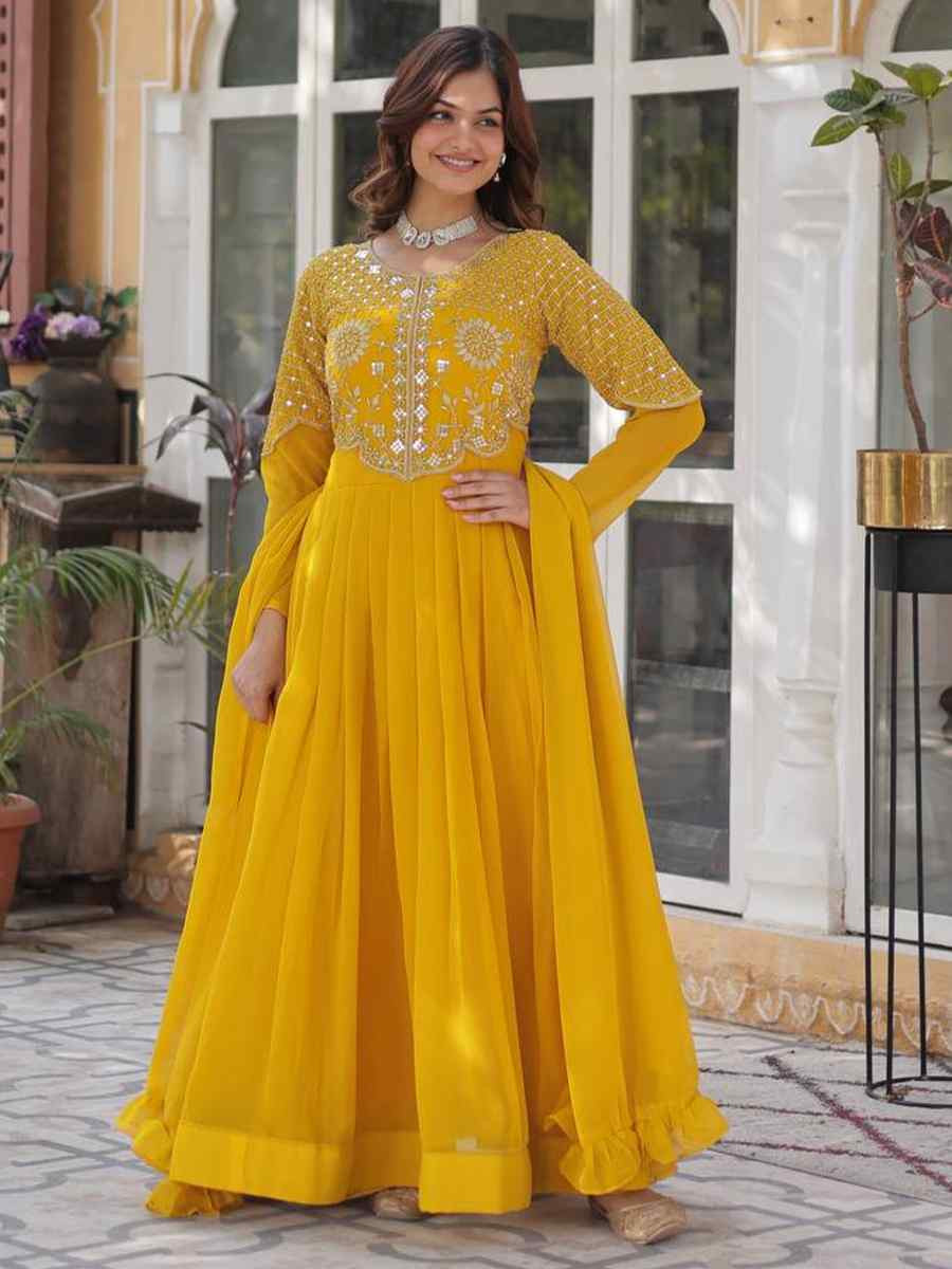 Yellow Faux Blooming Georgette Embroidered Festival Casual Gown