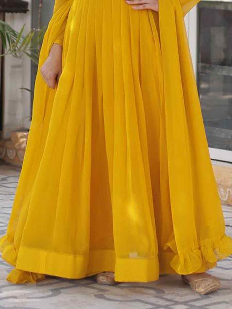Yellow Faux Blooming Georgette Embroidered Festival Casual Gown