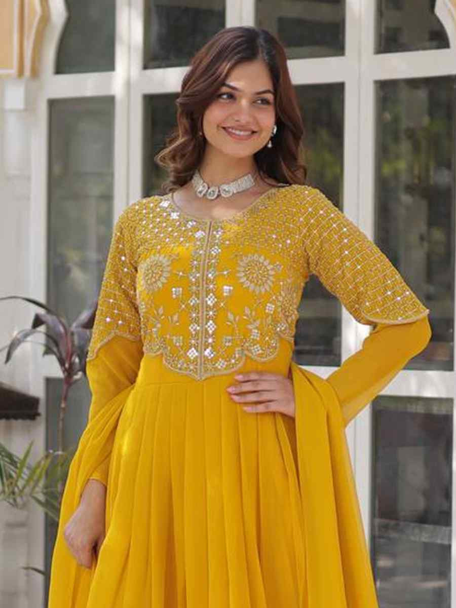 Yellow Faux Blooming Georgette Embroidered Festival Casual Gown