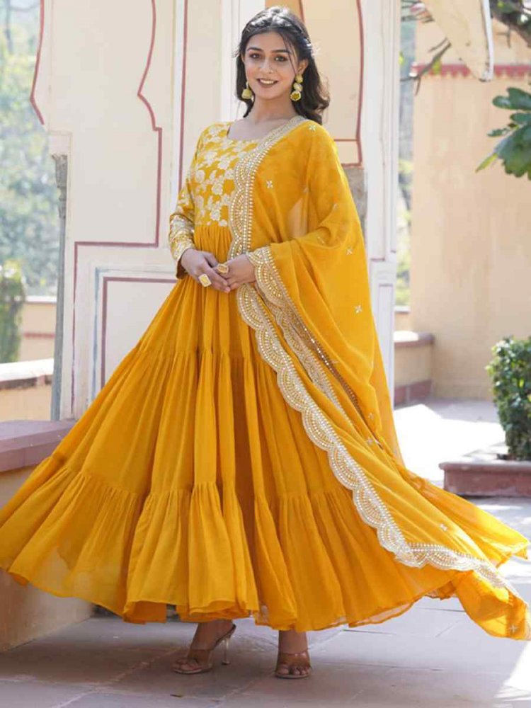 Yellow Faux Blooming Viscose Embroidered Festival Casual Gown