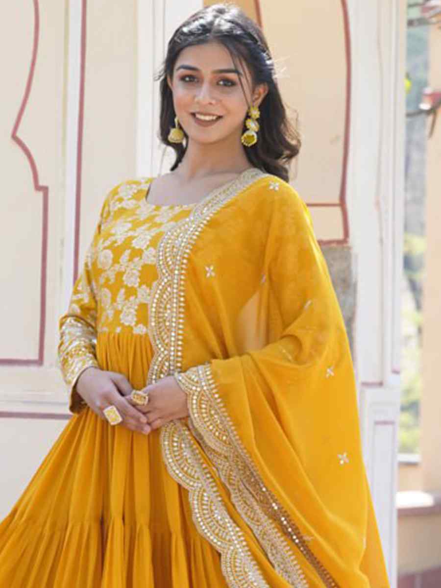 Yellow Faux Blooming Viscose Embroidered Festival Casual Gown