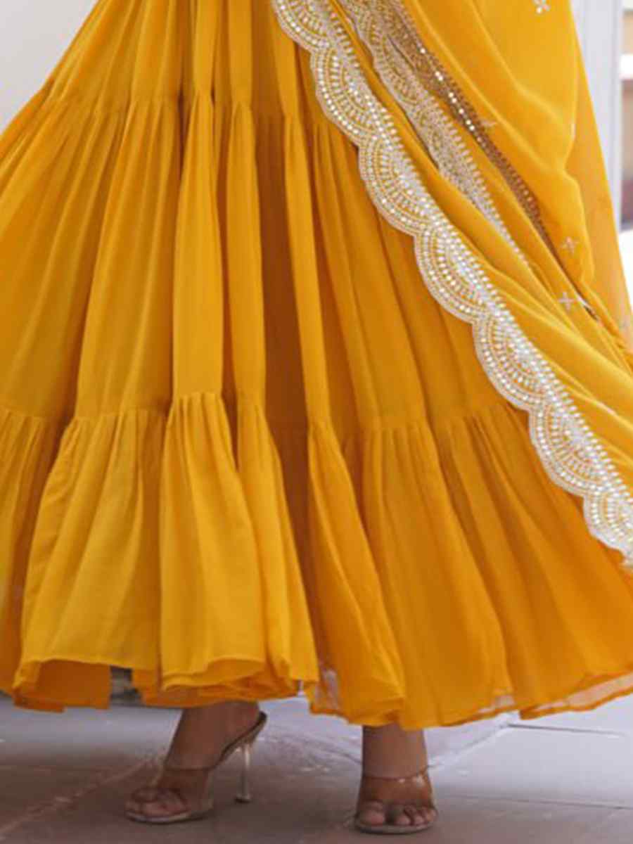 Yellow Faux Blooming Viscose Embroidered Festival Casual Gown