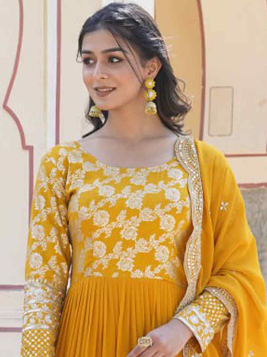 Yellow Faux Blooming Viscose Embroidered Festival Casual Gown