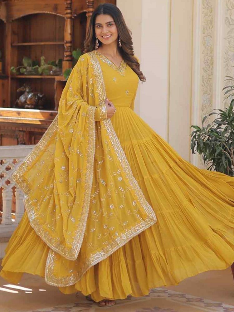 Yellow Faux Georgette Embroidered Festival Casual Gown