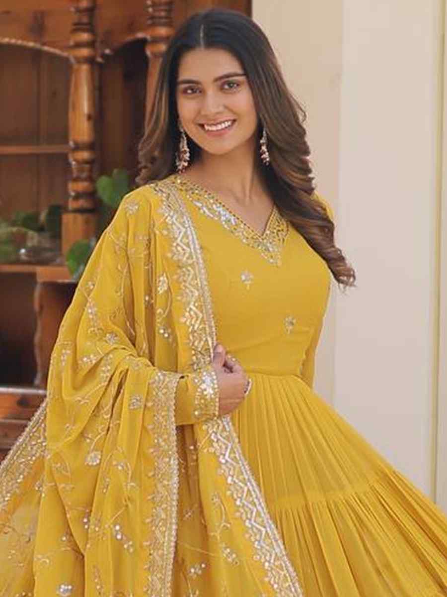 Yellow Faux Georgette Embroidered Festival Casual Gown