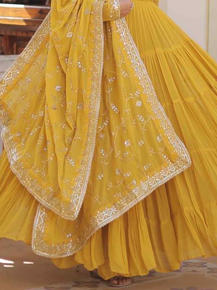 Yellow Faux Georgette Embroidered Festival Casual Gown