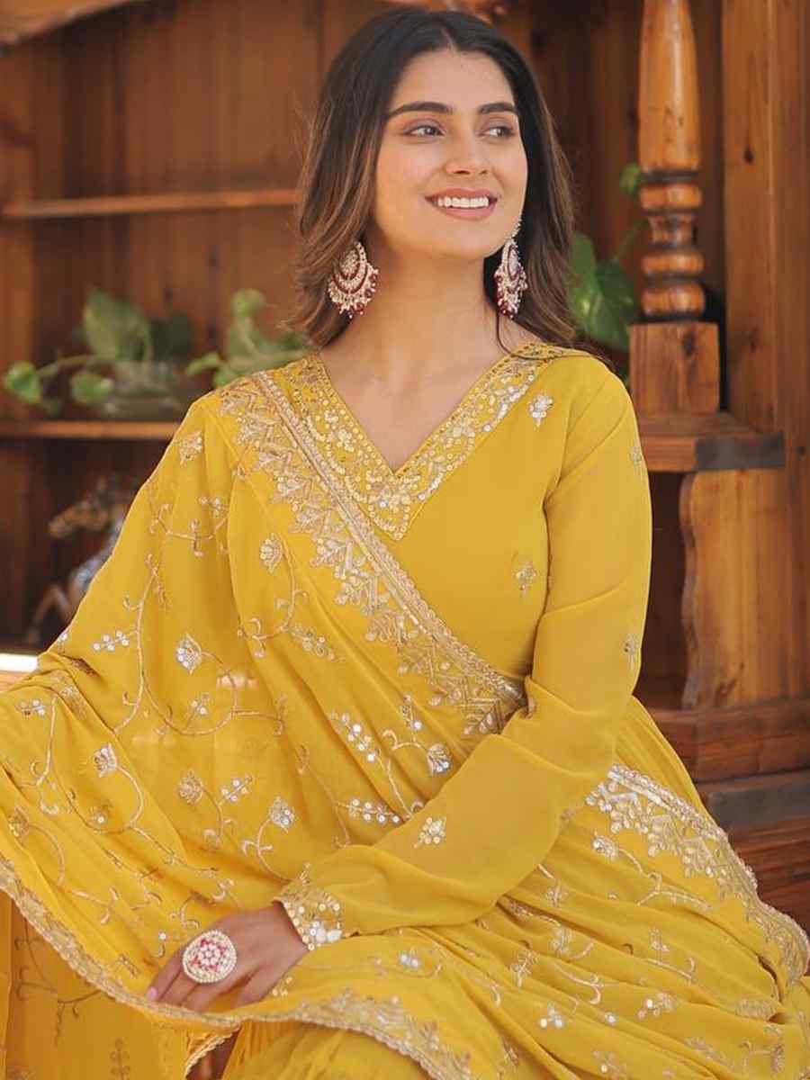 Yellow Faux Georgette Embroidered Festival Casual Gown