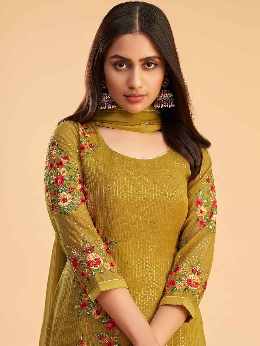 Yellow Faux Georgette Embroidered Festival Casual Pant Salwar Kameez