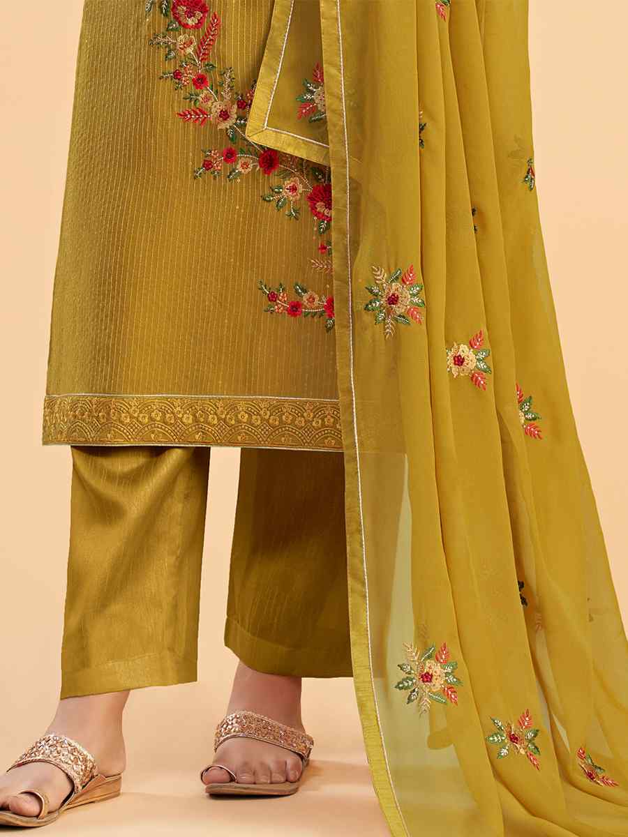 Yellow Faux Georgette Embroidered Festival Casual Pant Salwar Kameez