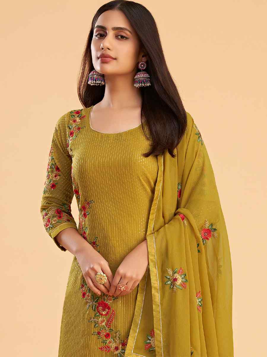 Yellow Faux Georgette Embroidered Festival Casual Pant Salwar Kameez