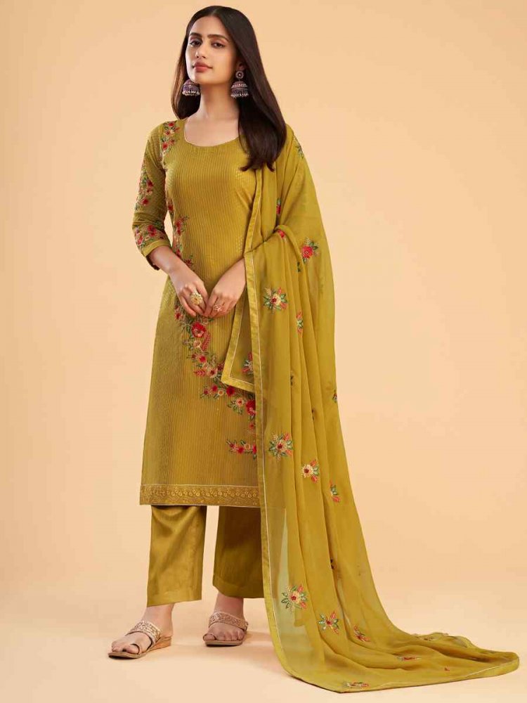 Yellow Faux Georgette Embroidered Festival Casual Pant Salwar Kameez