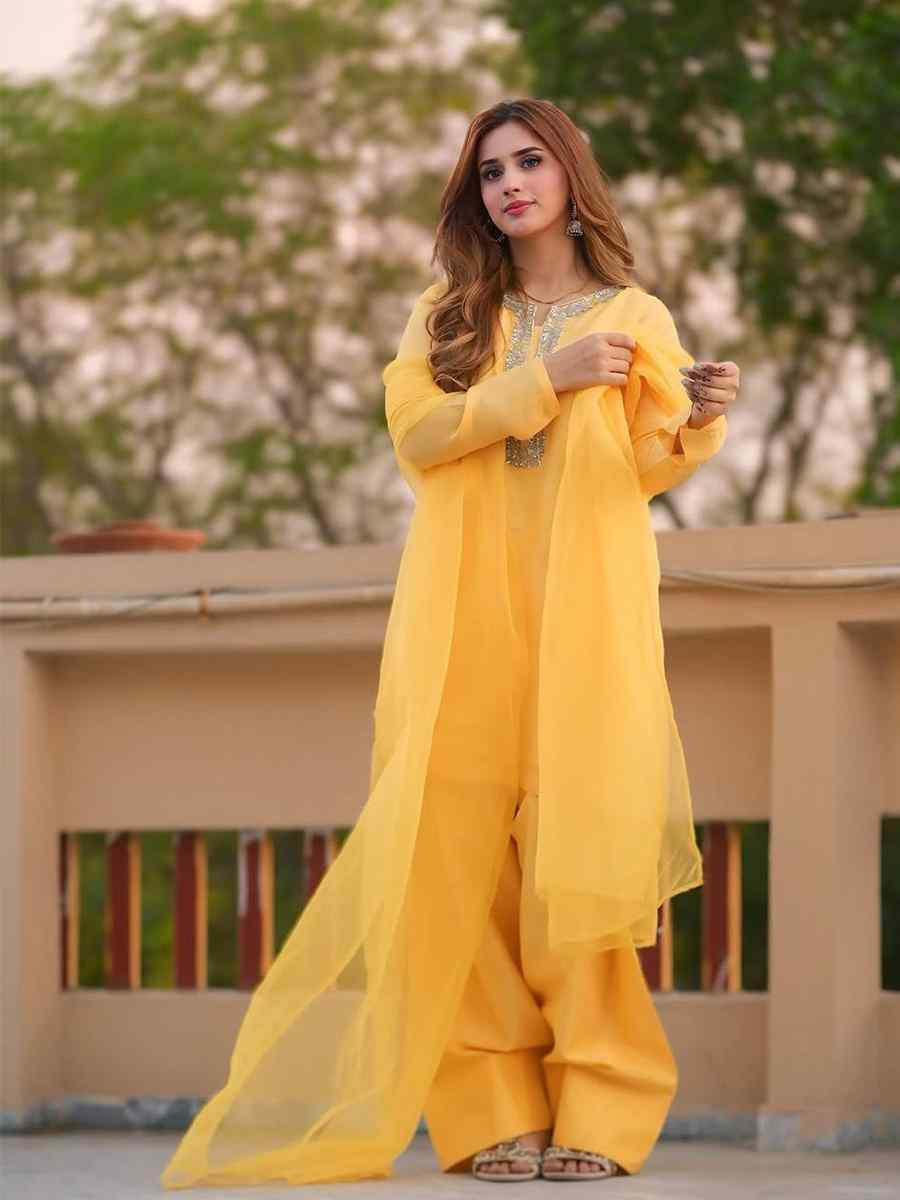 Yellow Faux Georgette Embroidered Festival Casual Ready Farsi Pant Salwar Kameez