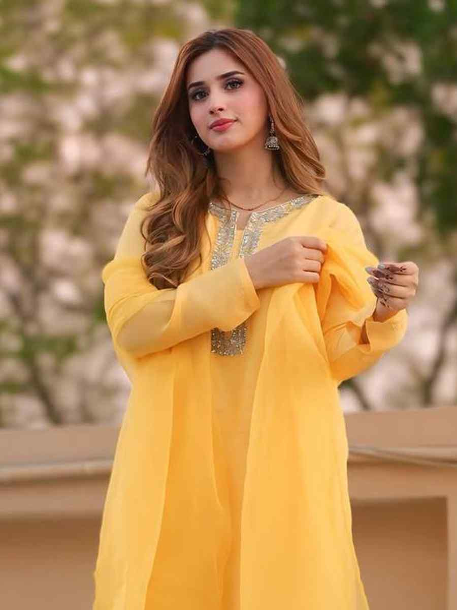 Yellow Faux Georgette Embroidered Festival Casual Ready Farsi Pant Salwar Kameez