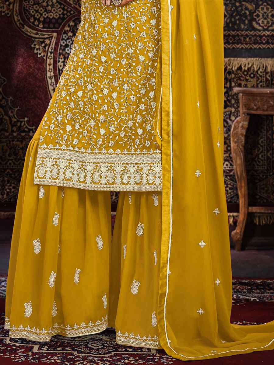 Yellow Faux Georgette Embroidered Festival Mehendi Palazzo Pant Salwar Kameez