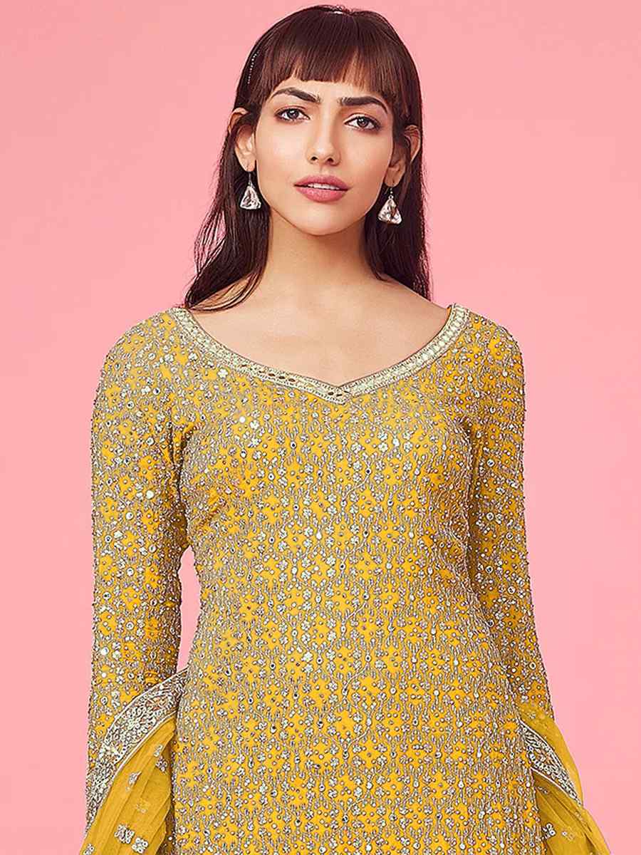 Yellow Faux Georgette Embroidered Festival Mehendi Pant Salwar Kameez