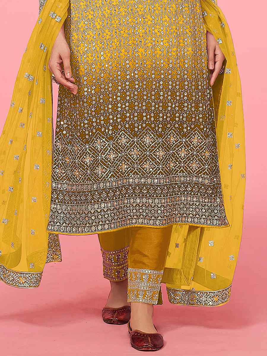 Yellow Faux Georgette Embroidered Festival Mehendi Pant Salwar Kameez