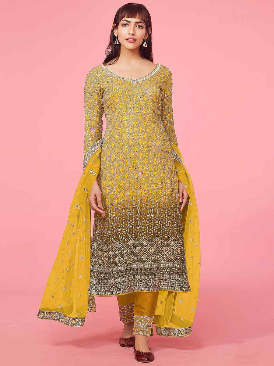 Yellow Faux Georgette Embroidered Festival Mehendi Pant Salwar Kameez