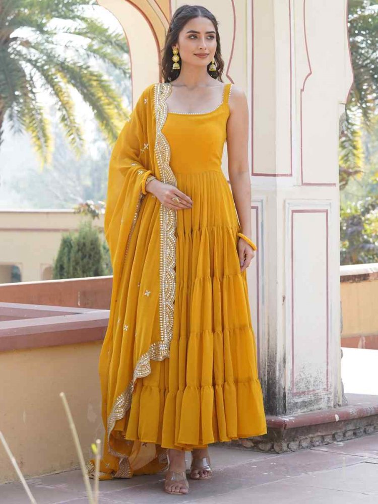 Yellow Faux Georgette Embroidered Festival Party Gown