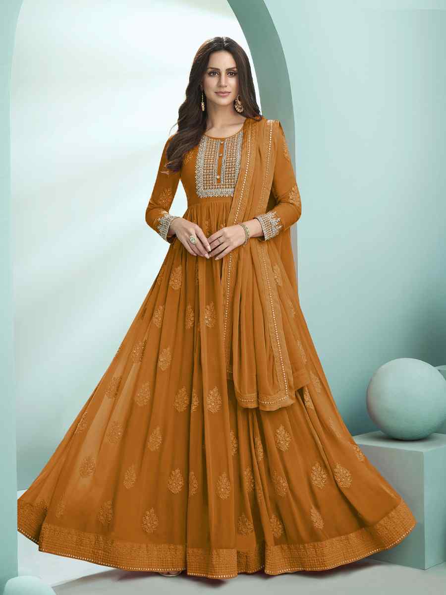 Yellow Faux Georgette Embroidered Festival Party Palazzo Anarkali Salwar Kameez
