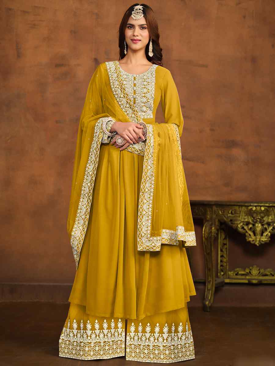 Yellow Faux Georgette Embroidered Festival Wedding Anarkali Salwar Kameez