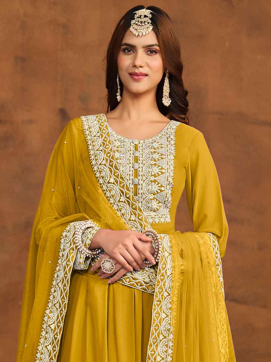 Yellow Faux Georgette Embroidered Festival Wedding Anarkali Salwar Kameez