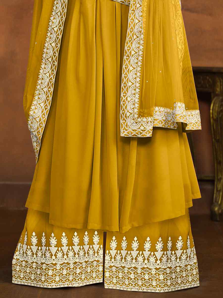 Yellow Faux Georgette Embroidered Festival Wedding Anarkali Salwar Kameez