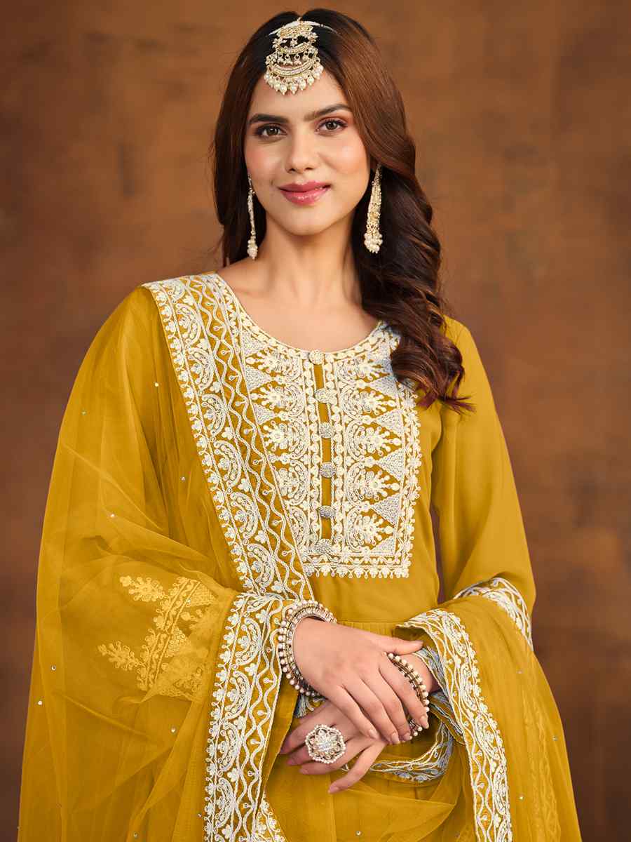 Yellow Faux Georgette Embroidered Festival Wedding Anarkali Salwar Kameez