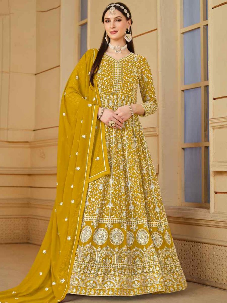 Yellow Faux Georgette Embroidered Festival Wedding Anarkali Salwar Kameez