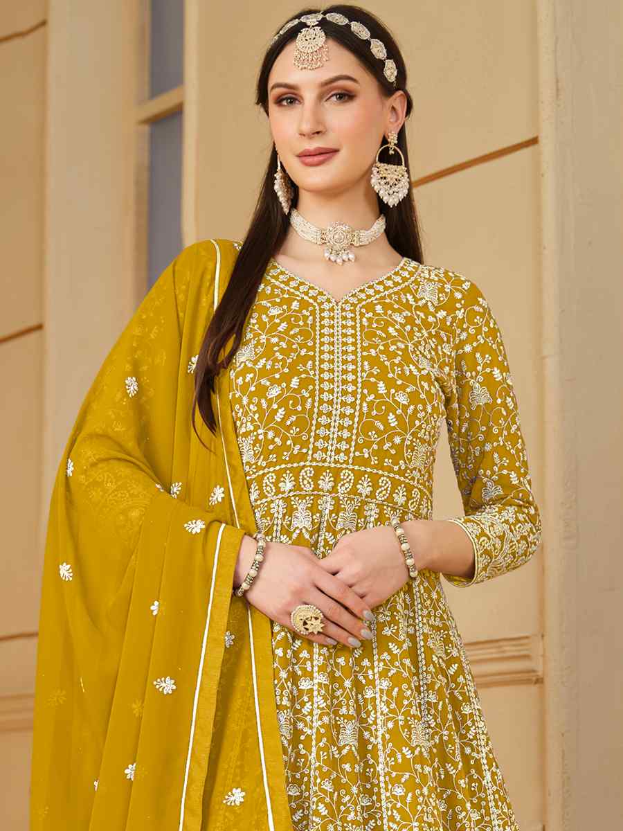 Yellow Faux Georgette Embroidered Festival Wedding Anarkali Salwar Kameez