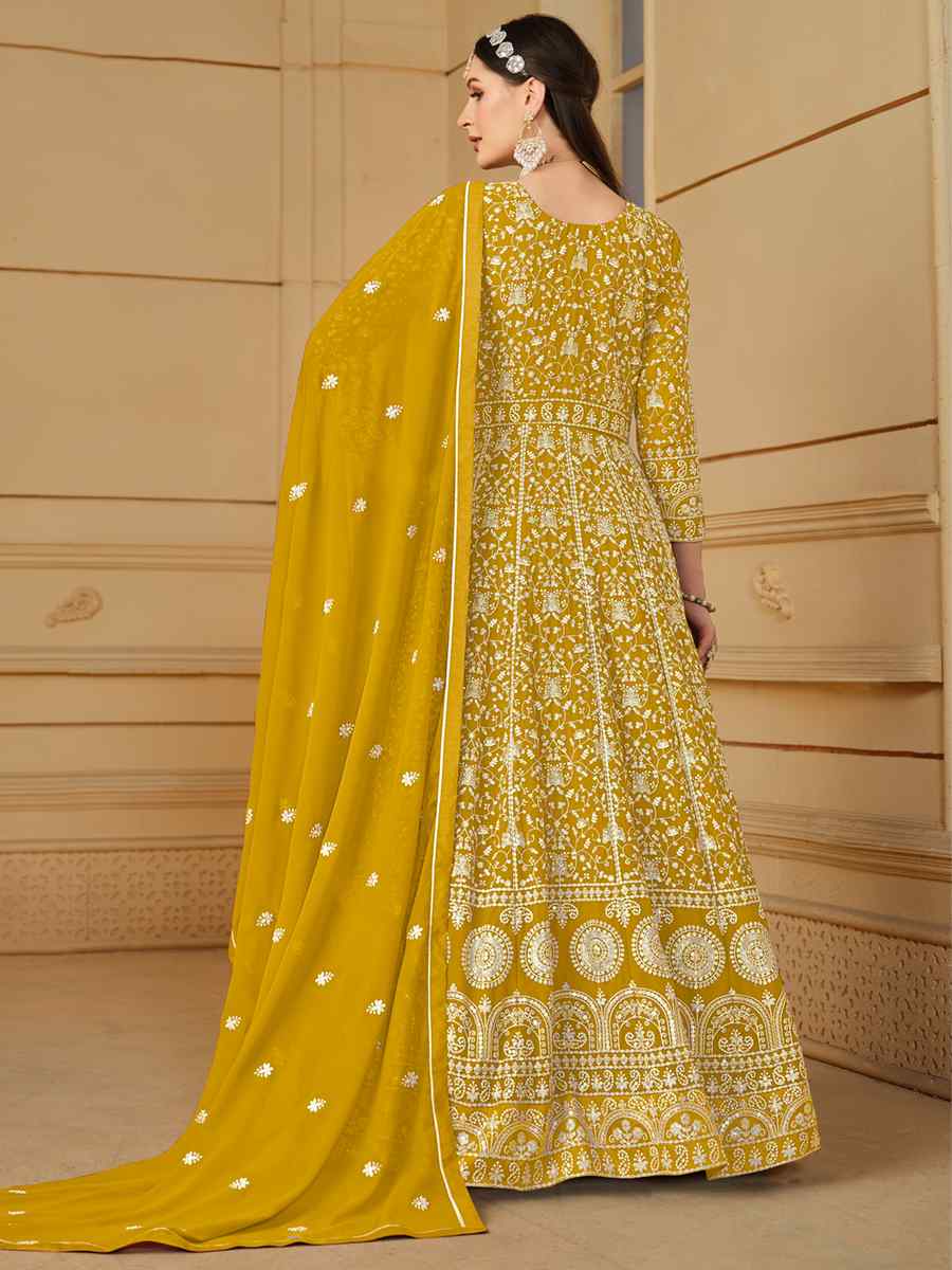 Yellow Faux Georgette Embroidered Festival Wedding Anarkali Salwar Kameez