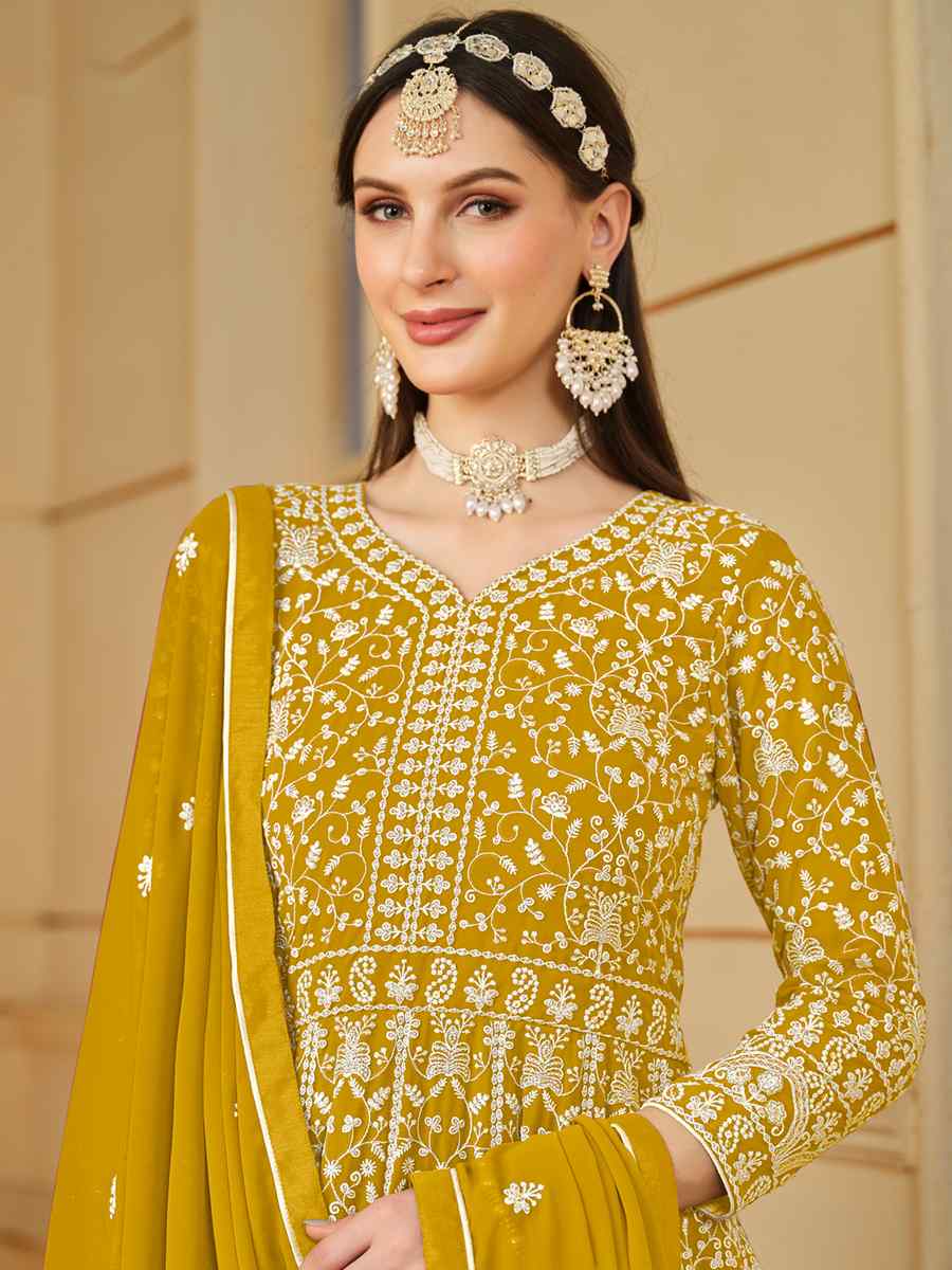 Yellow Faux Georgette Embroidered Festival Wedding Anarkali Salwar Kameez