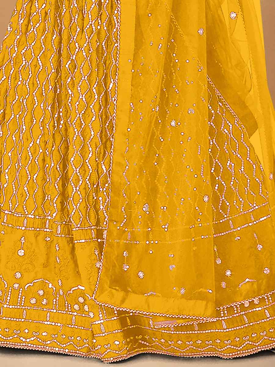 Yellow Faux Georgette Embroidered Festival Wedding Heavy Border Lehenga Choli