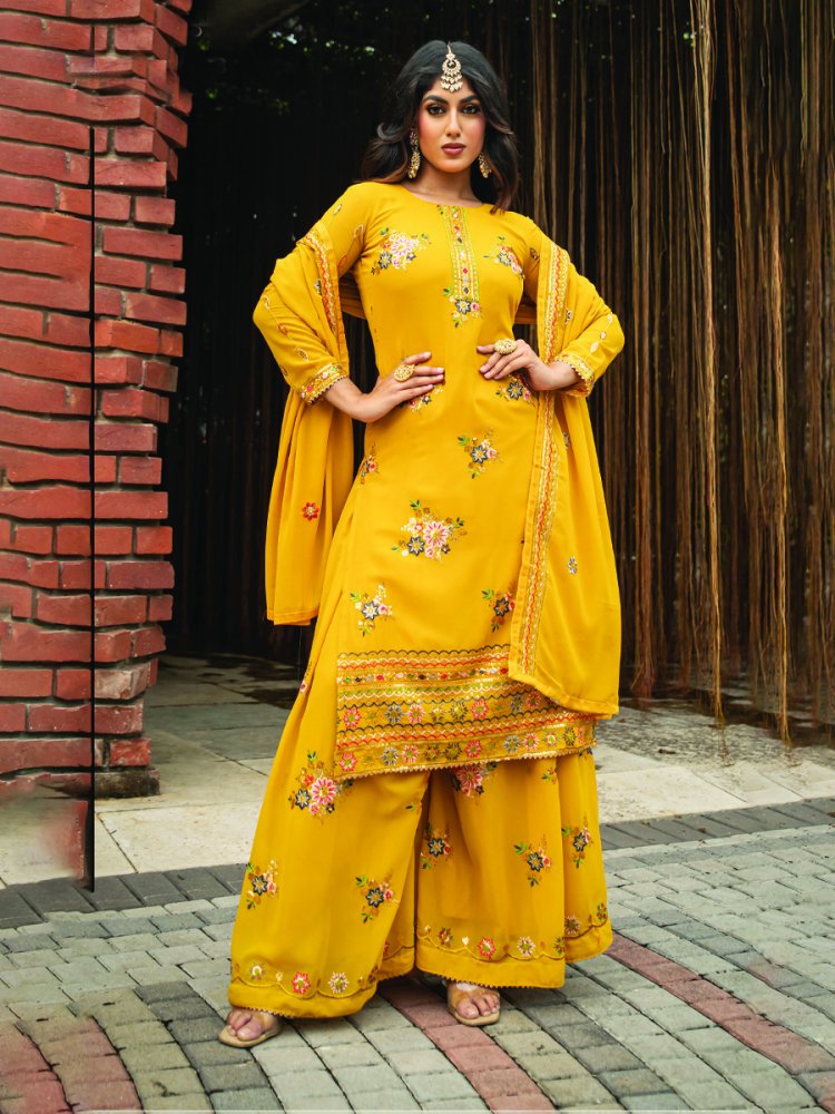 Yellow Faux Georgette Embroidered Festival Wedding Palazzo Pant Salwar Kameez