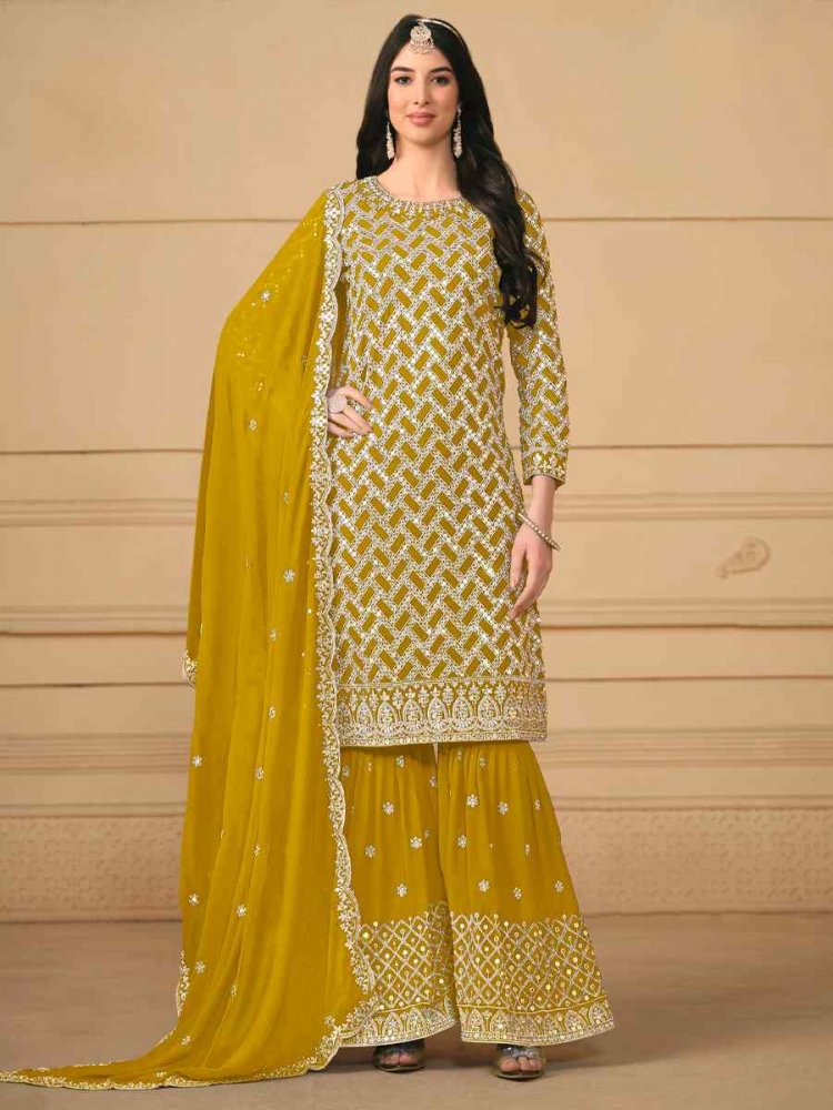 Yellow Faux Georgette Embroidered Festival Wedding Palazzo Pant Salwar Kameez